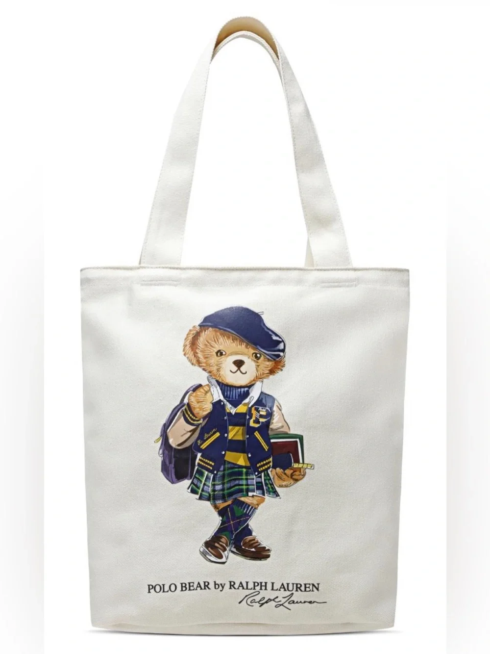 Polo Ralph Lauren Natural GIRL BACK TO SCHOOL BEAR 13.0” Canvas Zip Top Tote Bag